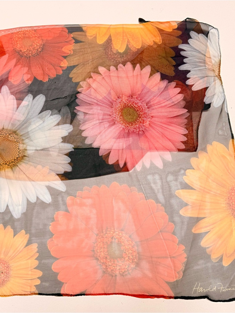 Floral Gerbera Print Sheer Scarf in Coral, Yellow & White
